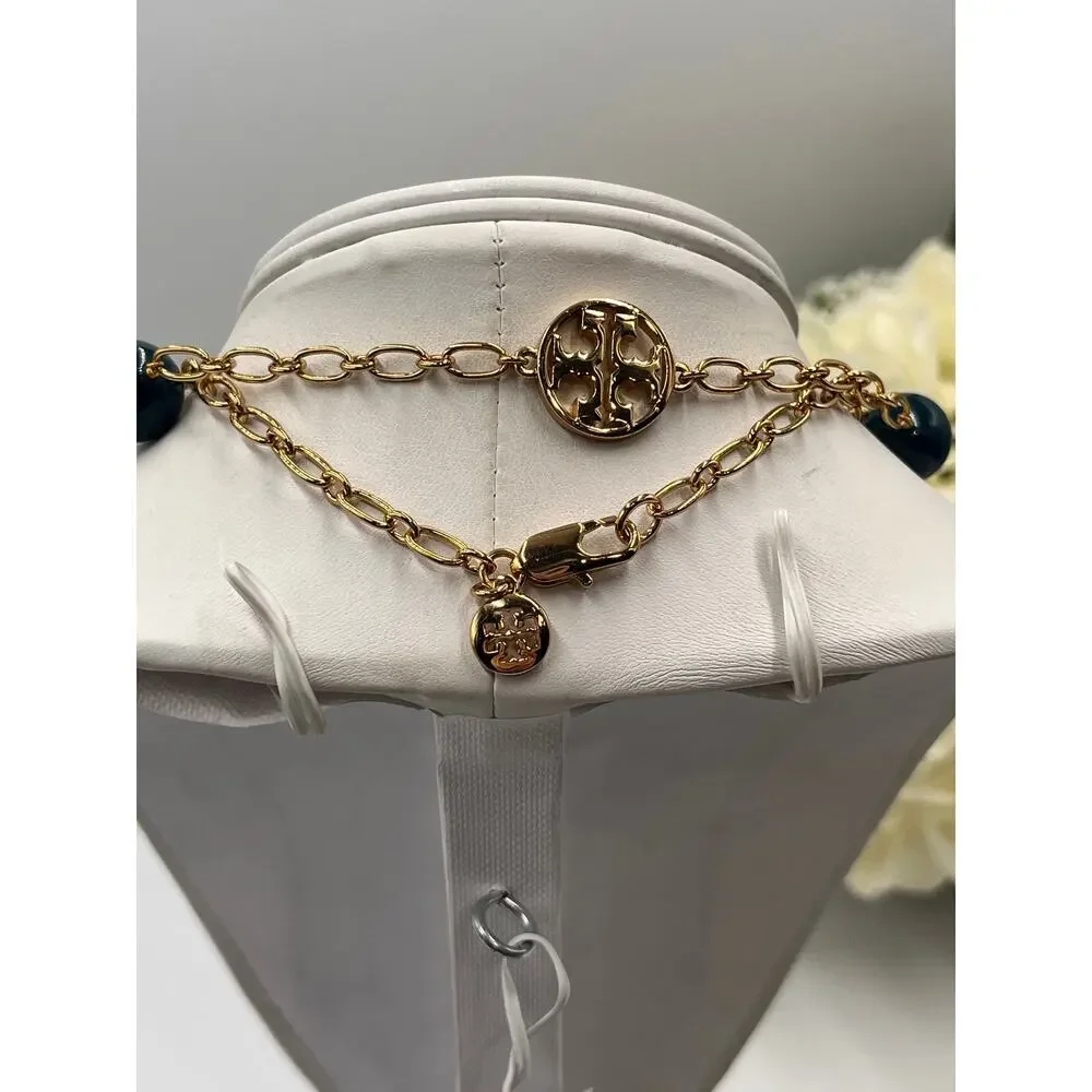 Tory Burch‎ Designer Evie Teal Resin Logo Station Gold Plated Necklace
